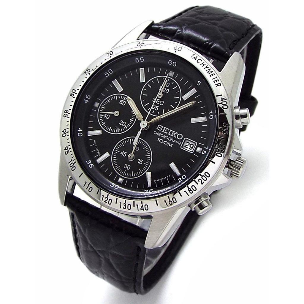 Chronograph Armbanduhr Echtleder Armband Set Inlands Seiko Offizielles Distributionsprodukt Schwarz SND367P1