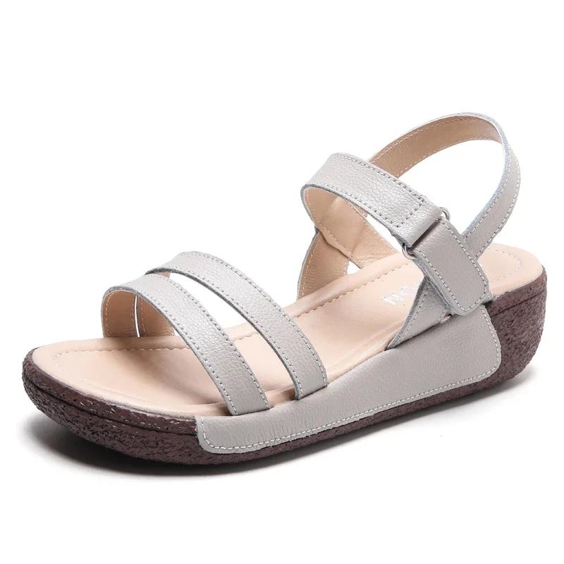 Summer Thick Bottom Genuine Leather Sandalias Ladies Soft Non-Slip Wedges Shoes Fashion Lightweight Wedge Heels Sandals Women