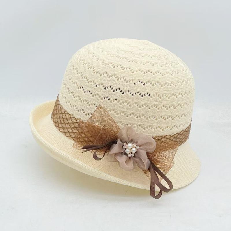 WTEMPO Women's Knitted Hollow Out Sun Hat Elegant Flower Decor Straw Bucket Hat, Breathable Casual Cap with Pearl Detail