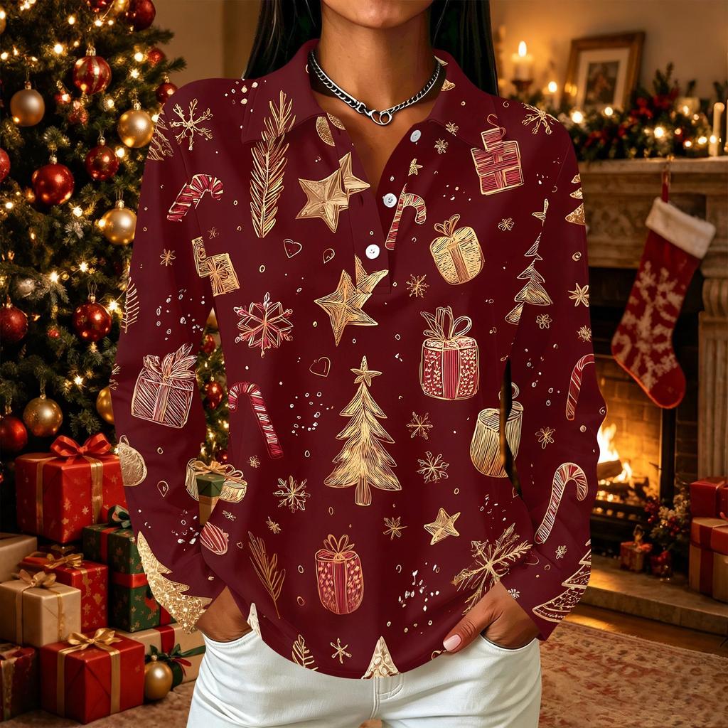 Women's Casual Long Sleeve Christmas Print Button Front Top with Collar and Side Slits
