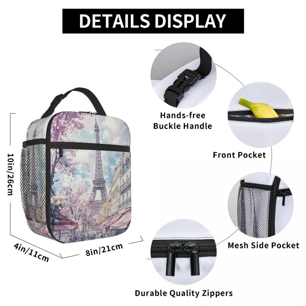 Eiffel Tower And Cherry Blossoms Design Insulated Lunch Bag for Women Kids Portable Food Boxes Thermal Lunch Box Tote