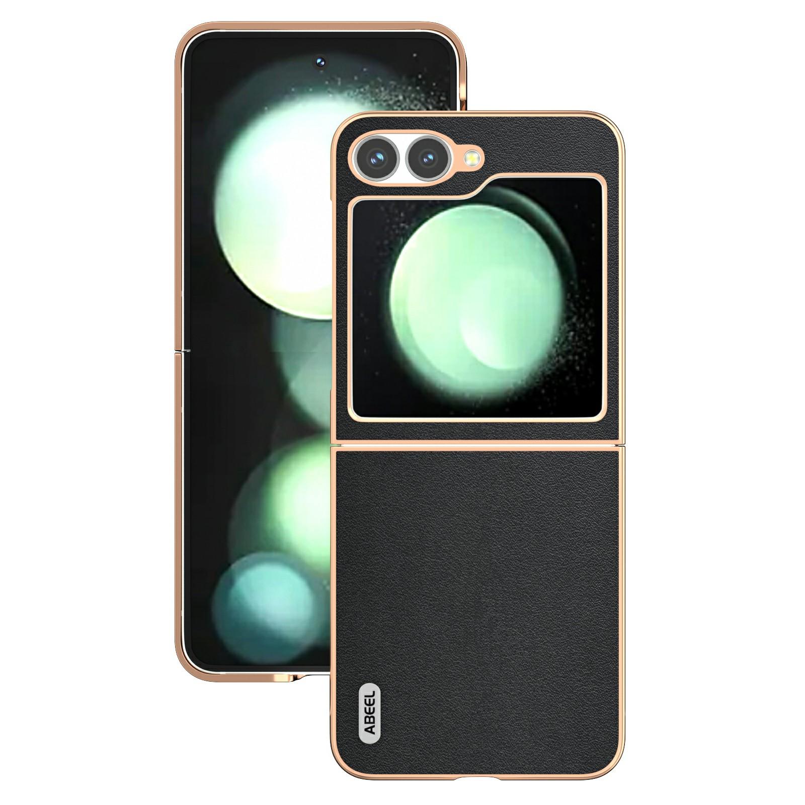 

ABEEL For Samsung Galaxy Z Flip7 FE 5G/Z Flip6 5G Case Electroplating Edge Genuine Cow Leather+PC Phone Cover A