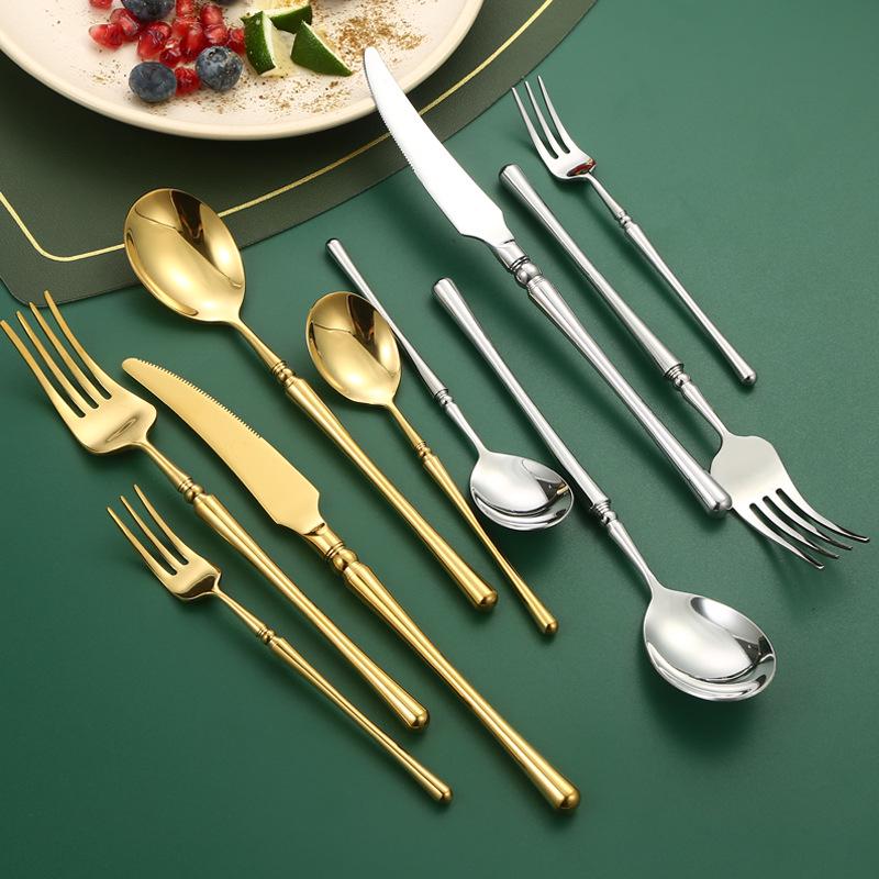 304 stainless steel cutlery set: knife, fork, spoon, steak knife, and coffee spoon.