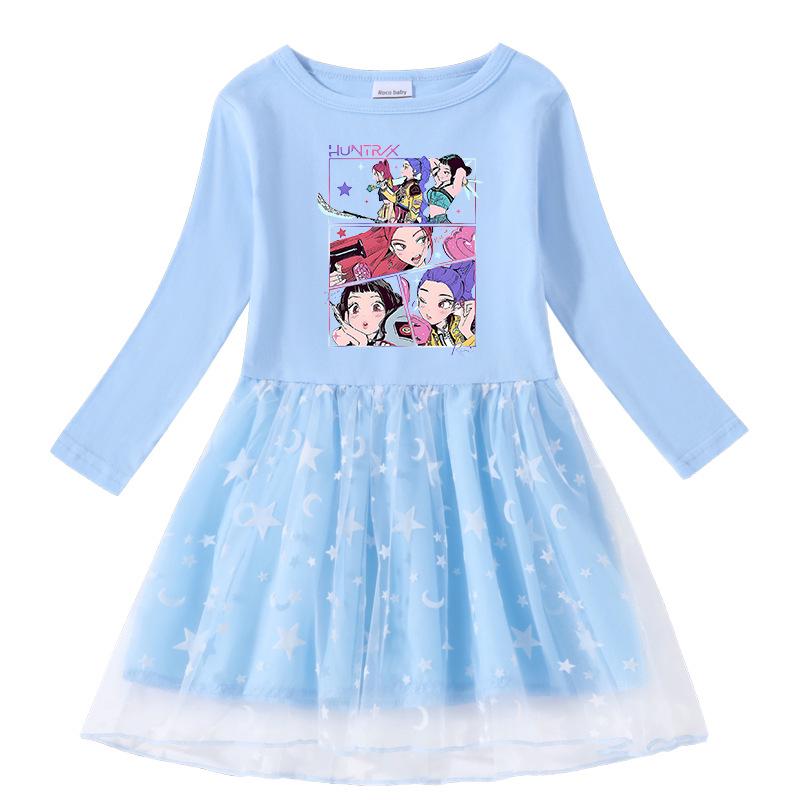 Korean-Style Kpop Demon Slayer Girls' Princess Dress – Short Sleeve Mesh for Summer, Long Sleeve for Spring/Autumn