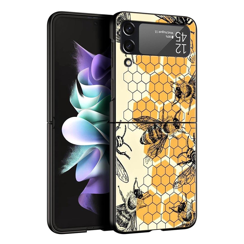 Honeybee Flower Pattern Hard PC Phone Case For Samsung Galaxy Z Flip 7 6 5 4 Black Cover For Galaxy Z Flip 3 Foldable Shell Bags