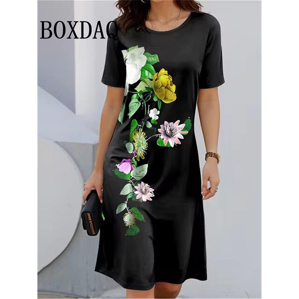 Women Casual Dresses Summer Vintage Style Female O-Neck Flower Printed Dress Loose Ladies Clothing