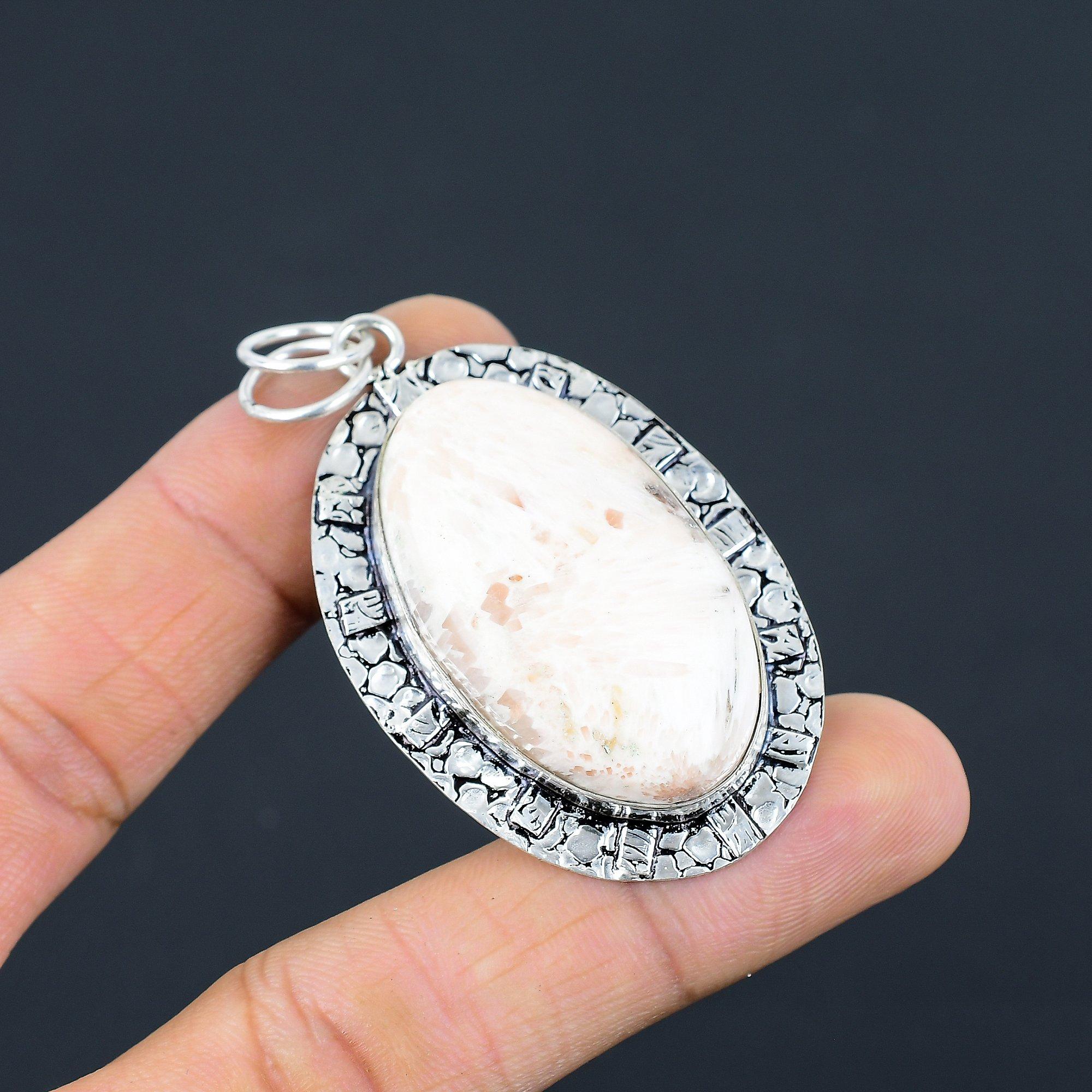 

Daughters Day Sale Oval Natural Scolecite Boho Pendant Jewelry Sterling Silver