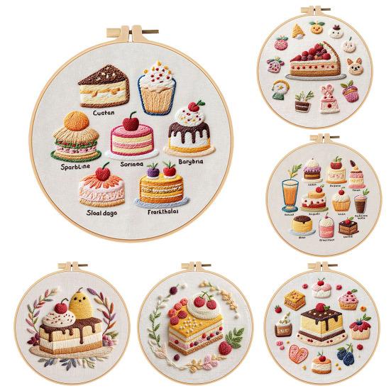1 Set Cake Embroidery Kit with Hoop Threads Needles Pre-Stamped Dessert Cross Stitch Craft