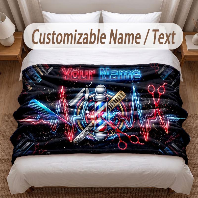 Barber Salon Theme Soft Blanket Personalized Custom Name Text Print Warm Blanket Home Sofa Bedroom Decor