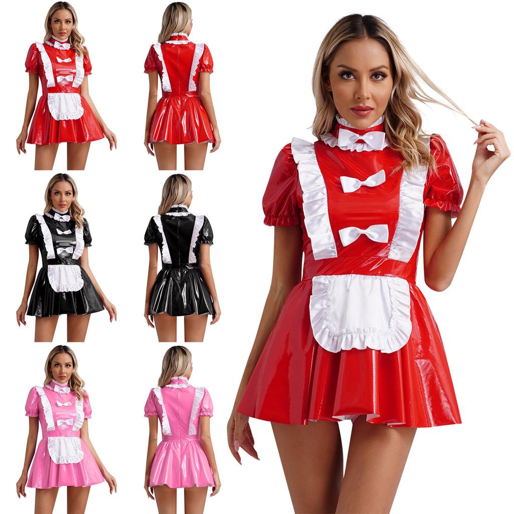 Dame Naughty Maid Uniform Clubwear Glanset Patent Leather Maid Cosplay Dress Ruffles Trims Sløyfe Forkle Puff Ermer A-Line kjole