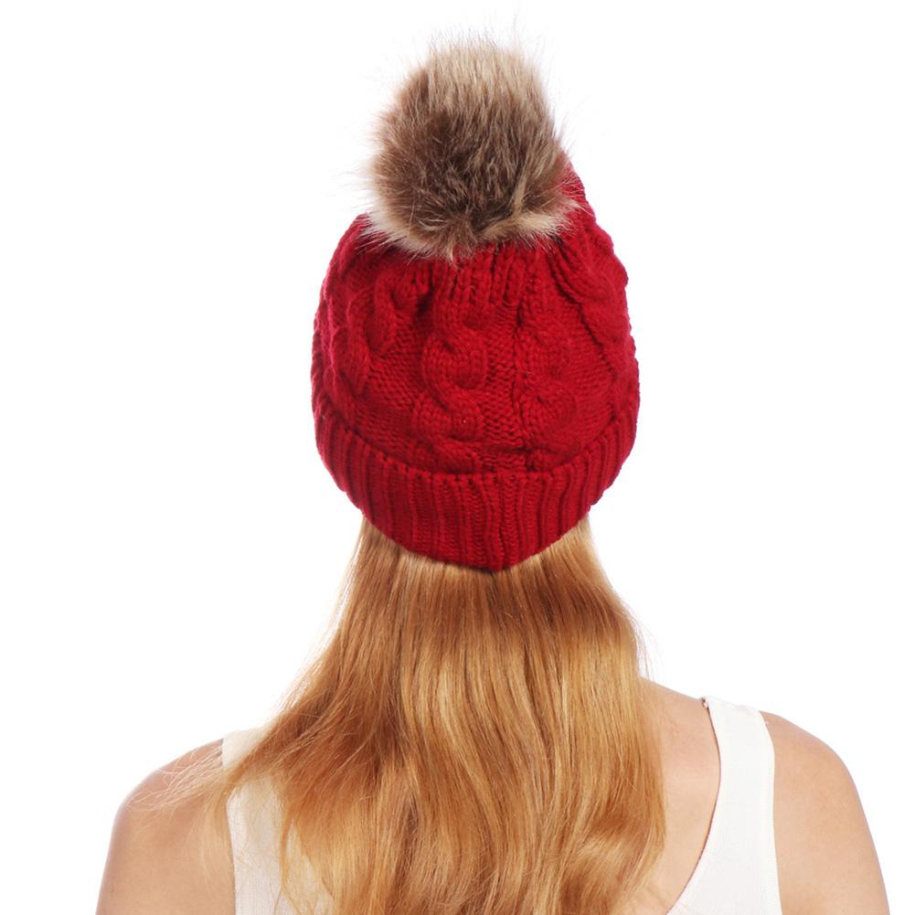 Women Knitted Cap Fashionable Solid Color Fuzzy Ball Warm Hat Cap