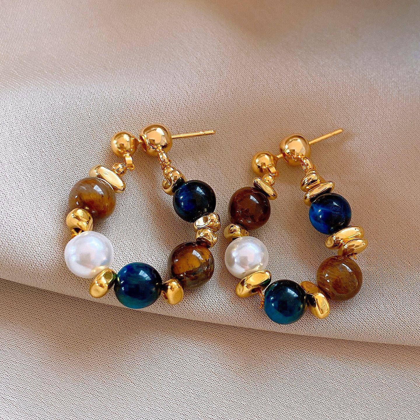 Серьги с бусинами из тигрового глаза в ретро-геометрическом стиле Серебряная игла Серьги с характером Серьги для темперамента