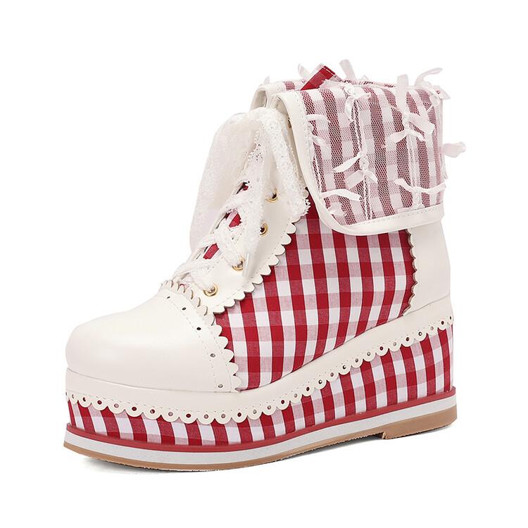 7cm Kilehæl Rund Tå Korte Støvletter Rutete Sløyfe Blonder Stoff Lær Spleis Enkel Sko Hverdagsbruk Casual Damesko 35-45