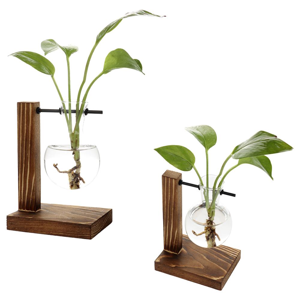 Hydroponic Vase with Wooden Stand Retro Glass Bulb Plant Propagation Station for Home Decoration 1 Container