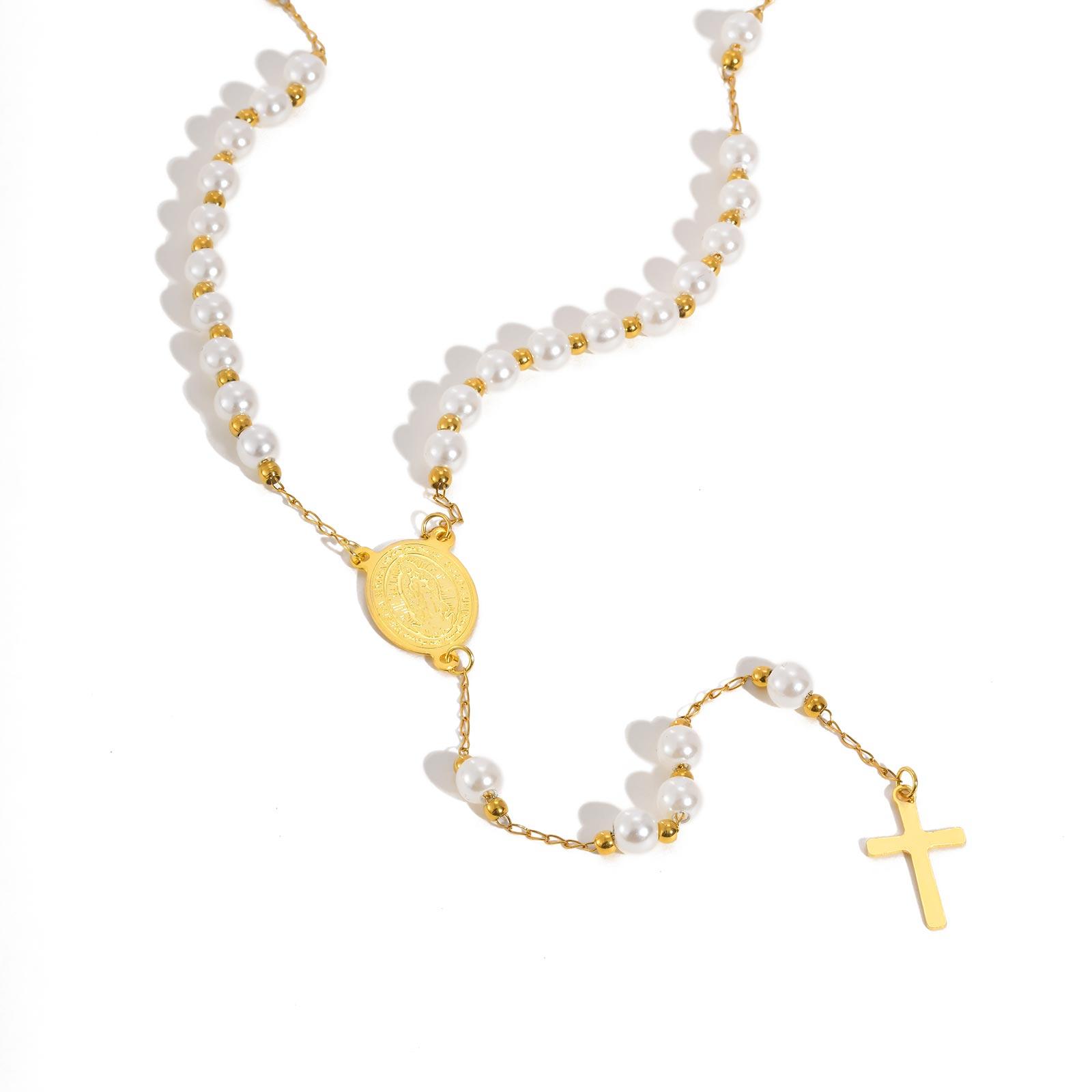 

Holy Cross Rosary Virgin Necklaces Y-shaped, Women s Imitation Pearl Beaded Saint Benedict Necklace,Stainless Steel Jewelry Gift