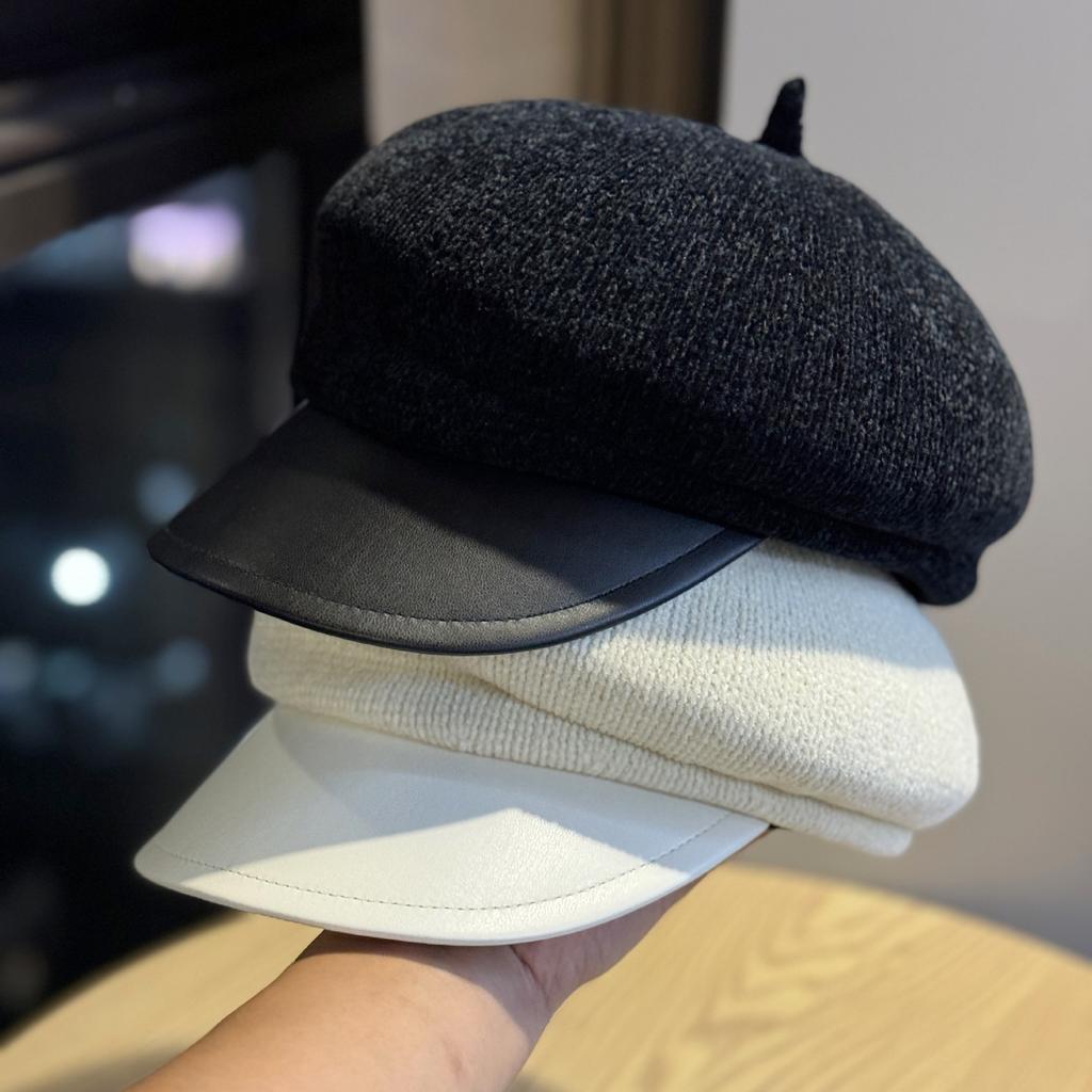 The New British Style Retro Leather Edge Patchwork Octagonal Hat with Wide Brim Makes Women Look Good in Spring and Autumn. Pointed Hat Trend