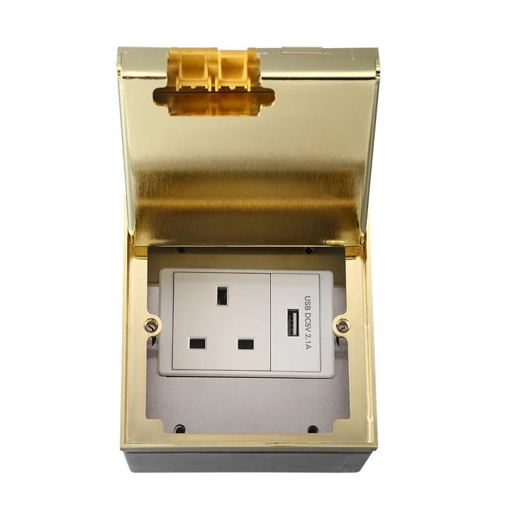 Gold Concealed Euro Floor Socket with USB Charging, Stainless Steel Flush Design