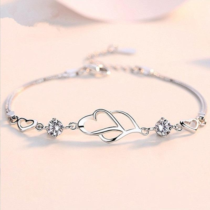 Korean Heart to Heart S925 Sterling Silver Bracelet with Diamond Inlay - Elegant Jewelry Gift for Women 925 Silver