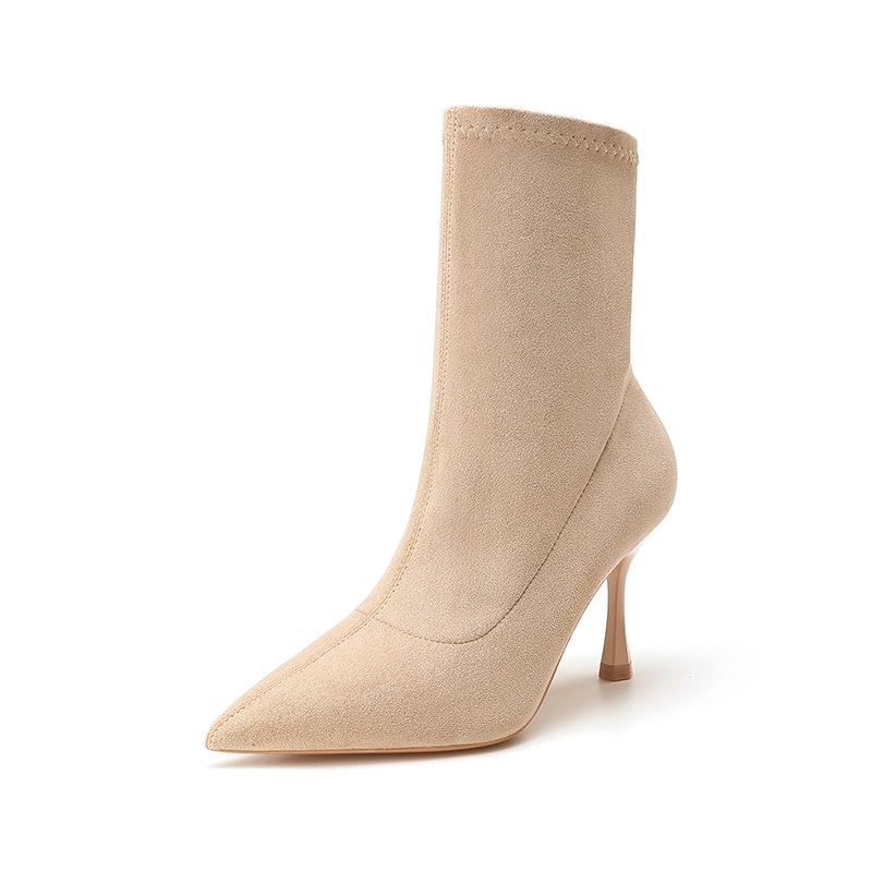 Pointed elastic boots women's 2025 new autumn and winter short boots suede fine heel design temperament socks boots high heel