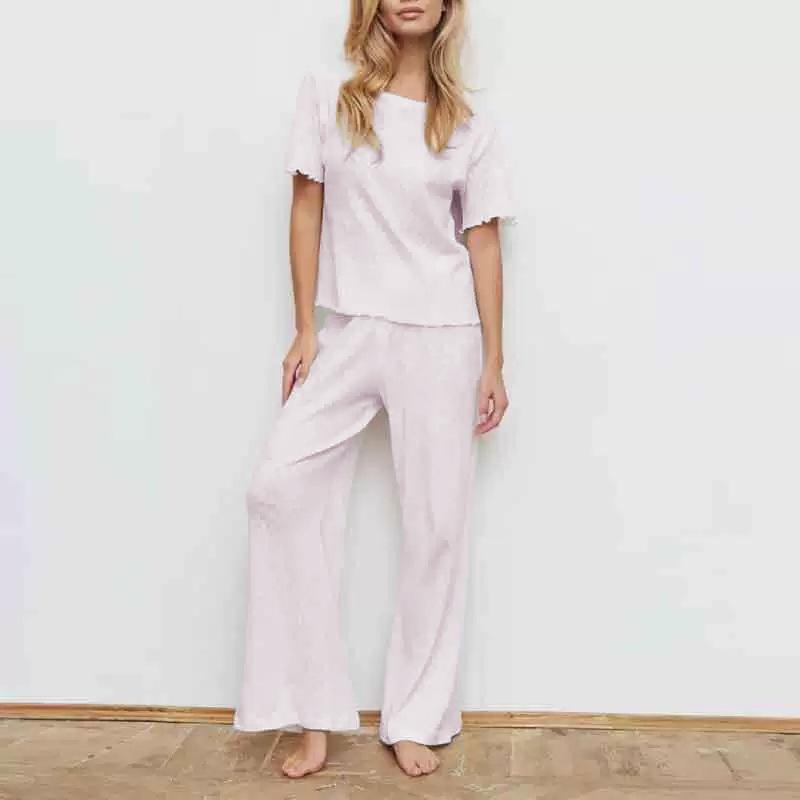 Europe, America, spring and summer new knitted cotton pajamas women's short-sleeved trousers casual loungewear set