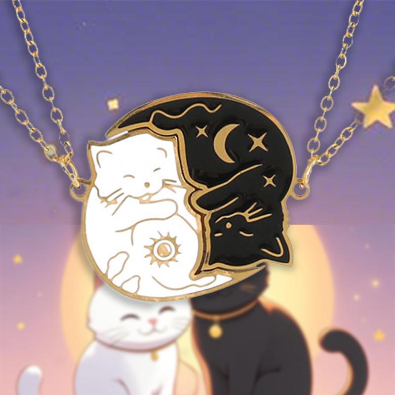 2 Stück Edelstahl Schwarz Weiß Katze Halskette Liebe Umarmung Katze Passende Partner Halsketten BFF Schmuck für Frauen Freundin