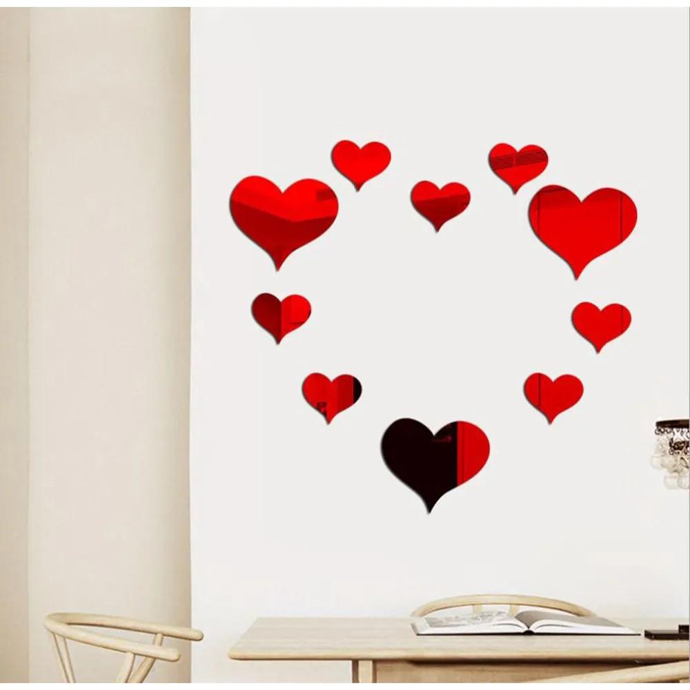 10 Pieces Acrylic Heart Wall Stickers 3D Home Decoration Wall Decals for Living Room Bedroom Background Wall Art