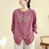Autumn New Cotton Linen Embroidered Long-sleeved Shirt T-shirt Retro Ethnic Style Women's Top Cardigan Mom Wear