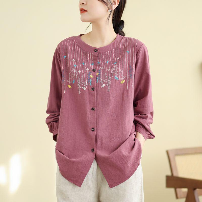 Autumn New Cotton Linen Embroidered Long-sleeved Shirt T-shirt Retro Ethnic Style Women's Top Cardigan Mom Wear