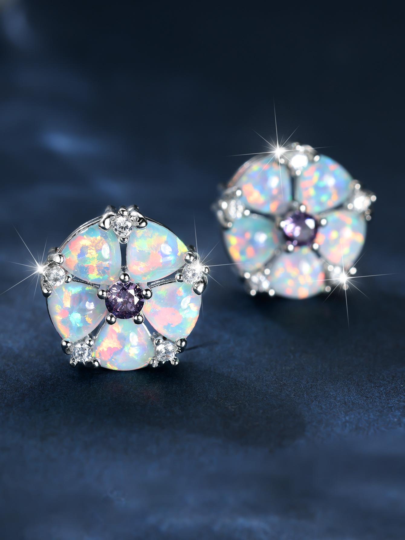 Wish new platinum opal diamond flower stud earrings simple temperament versatile earrings earrings