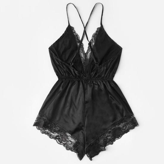 Women Sexy Pajamas V-neck Sling Sleeveless Bodysuit Faux Satin Lace Stitching Romper Sleepwear Wide Leg Backless Nightwear