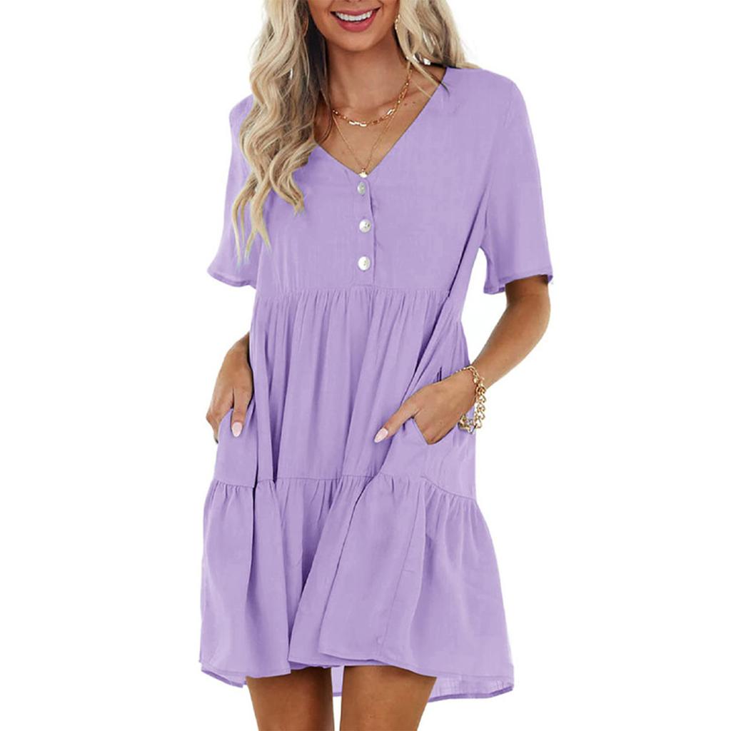 Damska letnia, jednokolorowa, z dekoltem w kształcie litery V, zapinana na guziki z krótkim rękawem i koronkową spódnicą w kształcie ciasta, plisowana, z dużym dekoltem