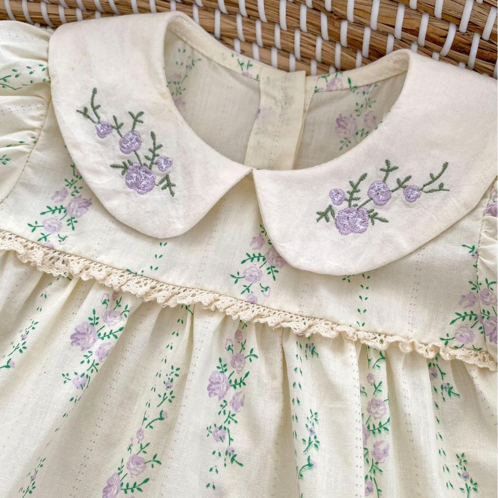 Baby Girl Summer Purple Floral Short Sleeve Romper with Ruffle Collar and Embroidery