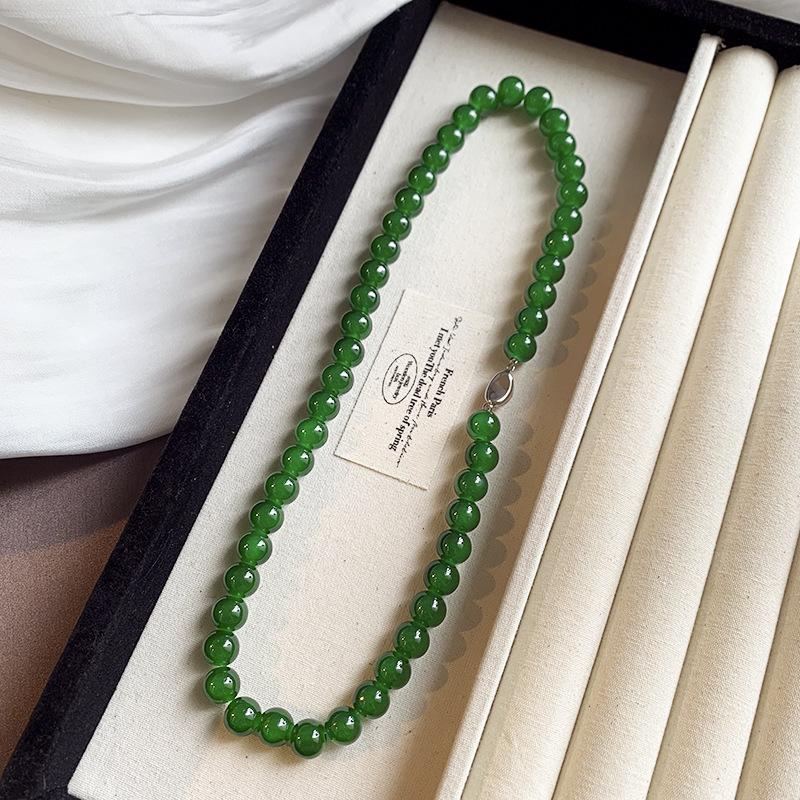 New Chinese ingot buckle green glazed bead necklace temperament collarbone chain Internet celebrity retro necklace women