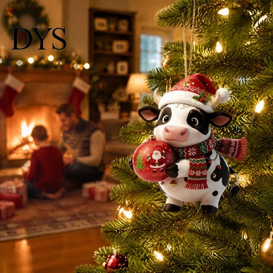 Lightweight Acrylic Party Supplies Cute Cow Christmas Ornament, Cartoon Milk Hanging Decoration, 2D Unique Souvenirs Flat Farmhouse Animal Pendant for