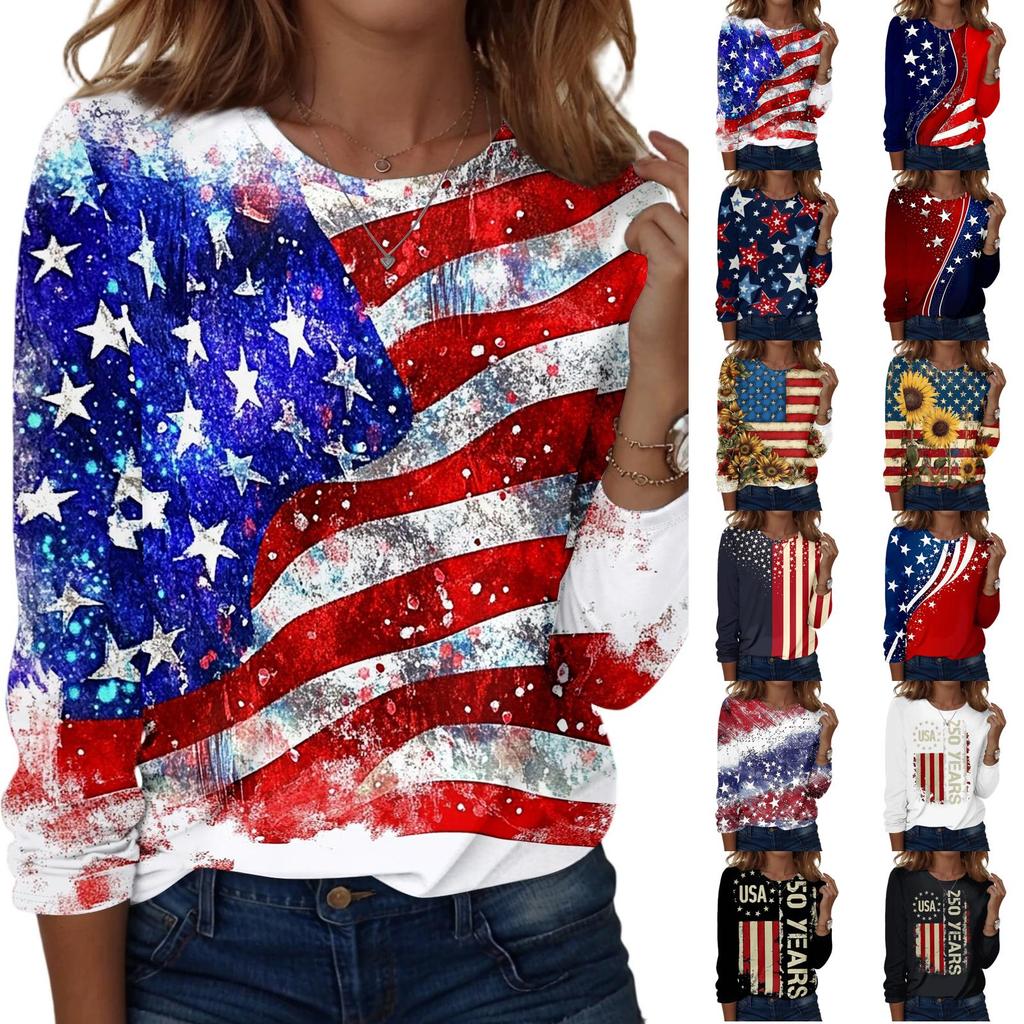 Damen Casual Langarm Rundhals Oberteil Unabhängigkeitstag Blumenprint Leichter Pullover für den Alltag