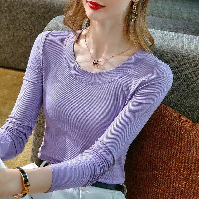 Autumn Round Neck Long Sleeve Knit T-shirt Women Casual Fashion Pullover T Shirt Woman Solid Bottom Inner Slim Ladies Tees 30276