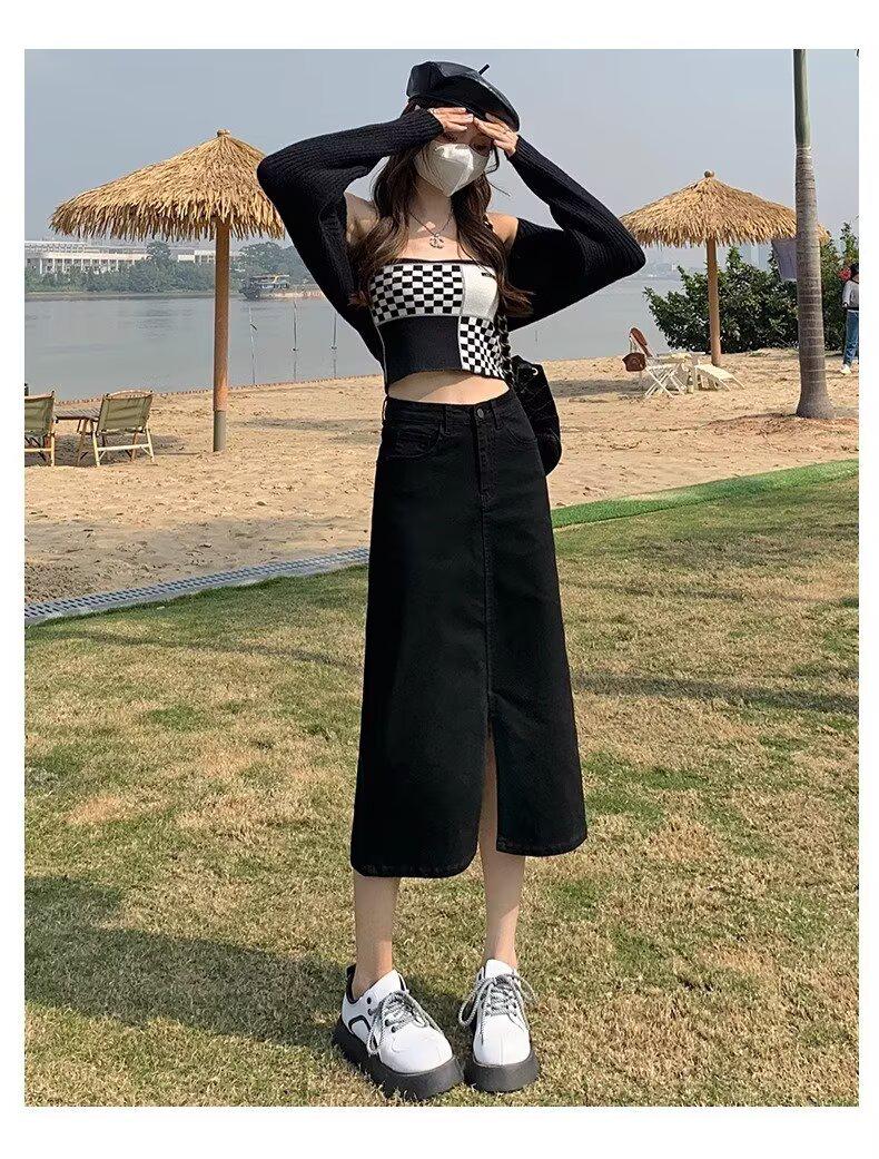 

Женская джинсовая юбка миди с разрезом в стиле ретро 2025: Высокая талия, Универсальный, Приталенный А-силуэт S: 75-90 lbs