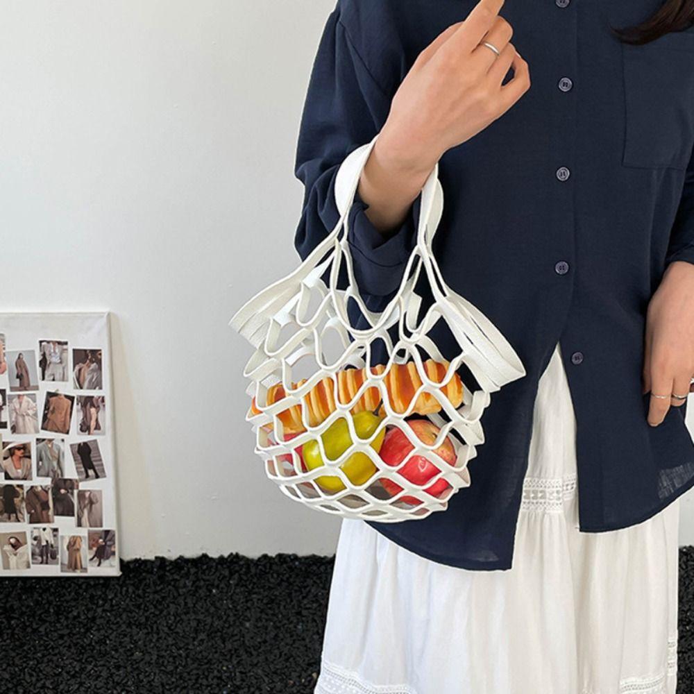 Foldable Leather Mesh Tote Bag Large Capacity Hollow Out Weave Bag Sweet Beach Handbag Storage