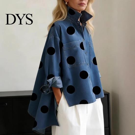 Textured Fabric Shirt Polka Dot Denim for Women Loose Fit Button-Down Top with Casual Outerwear Chest Pockets Oversize Spring Summer Fashionable