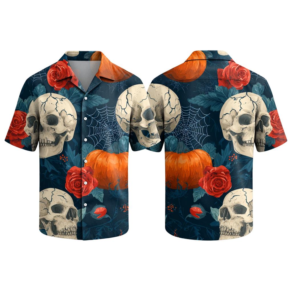Men's Casual Short Sleeve Button Down Shirt Halloween Print Camp Collar Relaxed Fit Lightweight Top