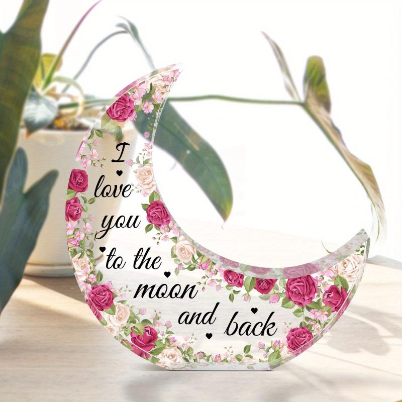 2D Flat "I Love You To The Moon and Back" Romantic Moon-Shaped Acrylic Decorative Desktop, Red and Pink Rose Pattern Design, Suitable for Wall Decorat