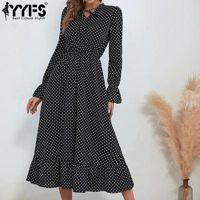 Moda damska Wiosna Jesień Polka Dot Print Długi rękaw Dekolt w serek Wysoka talia Sukienki codzienne