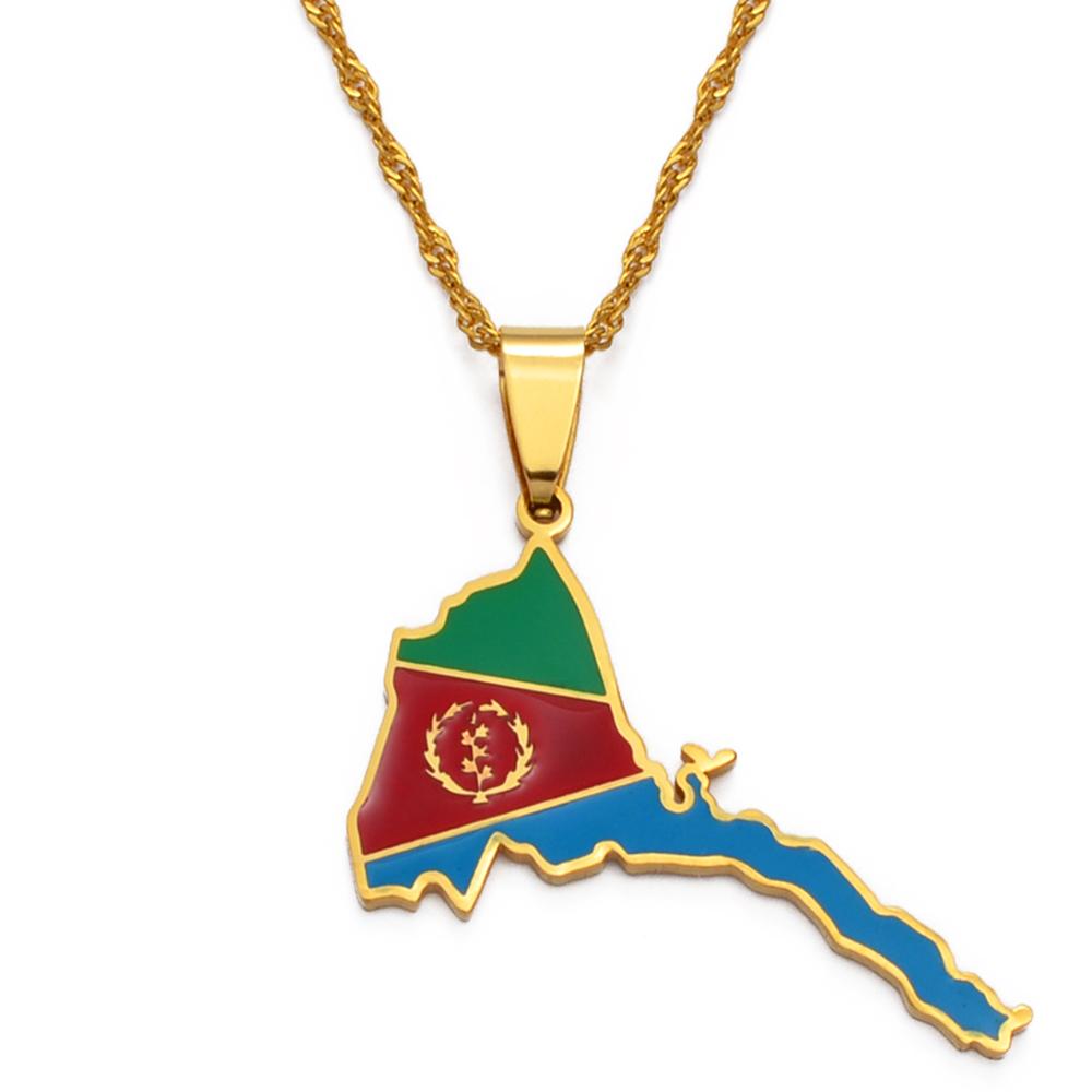 Women s Gold Color Stainless Steel Eritrea Map Flag Pendant Necklace African Map of Eritrea for Party Jewelry-#136821 necklace&45cm / 17.7 inches золотой