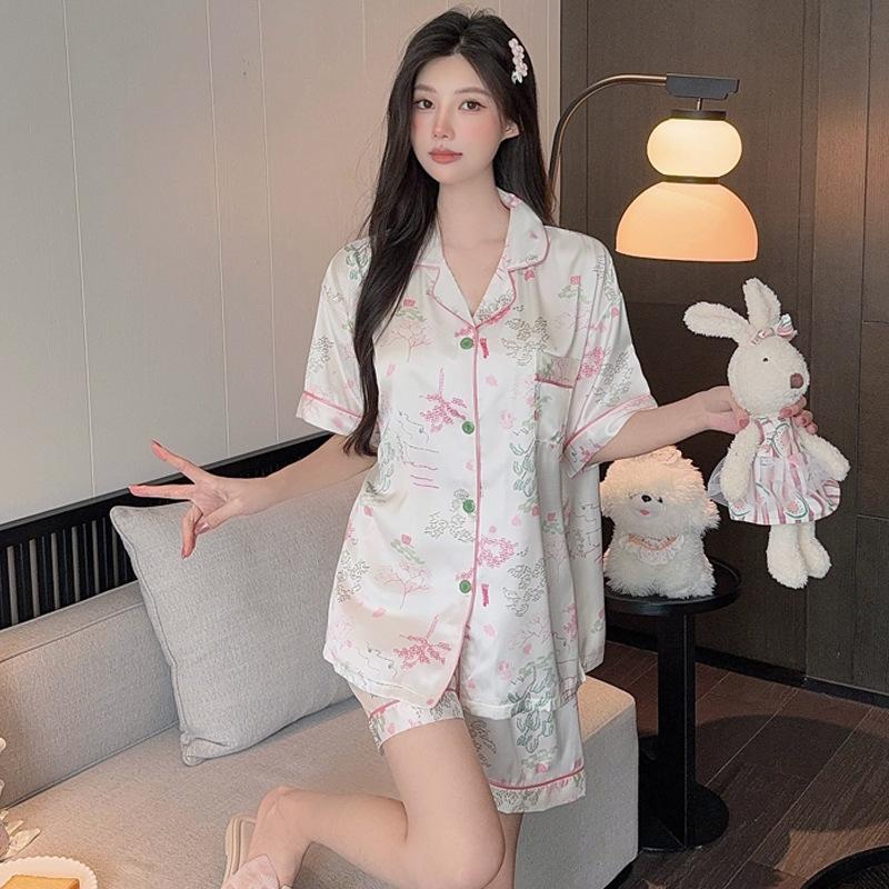 Two-Piece Floral High-End Ice Silk Pajamas Women'S Summer Short-Sleeved Shorts Fashion Temperament Loungewear Real Shot