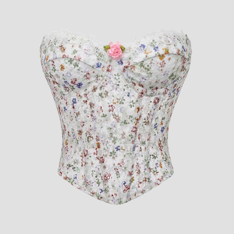 Floral Lace Corset Top Strapless Sweetheart Bustier with 3D Flower Decor M белый