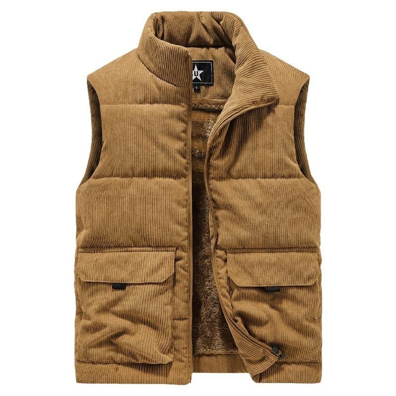 Corduroy Vest for Men In Autumn and Winter, with Thick Velvet, Stand Up Collar, Horseclip, Oversized Workwear, Vest, and Warm Cotton Jacket