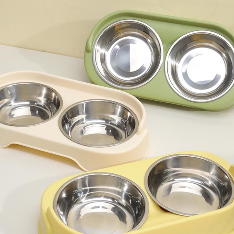Stainless Steel Pet Bowl Sofa  Feeding With Base Food Water Separation Cats Double Bowl Fashion Feeding Large Capacity
