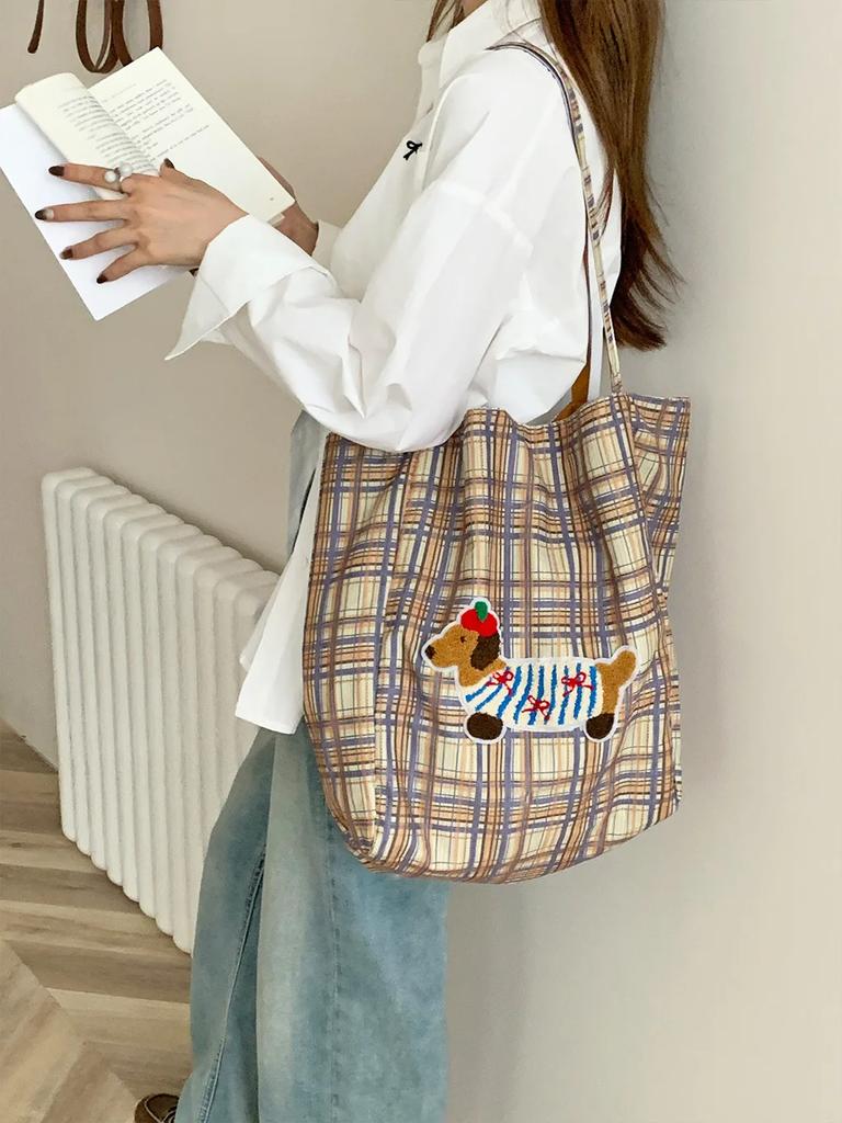 Retro Plaid Women's Tote Shoulder Bag Large Capacity Ladies Cute Dog Shopping Bags Casual Double-sided Female Corduroy Handbags