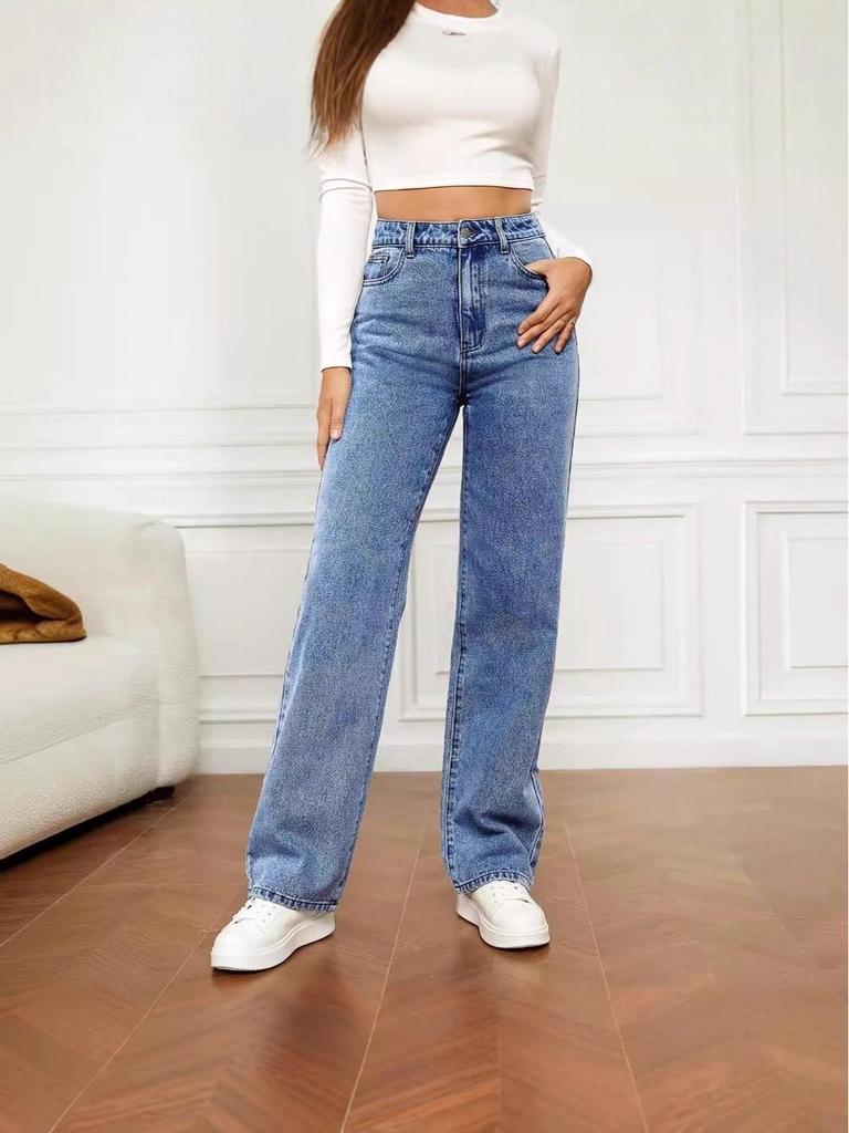 2025 Women's European & American Style Washed Denim Loose Straight-Leg Jeans for Autumn/Winter