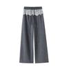 Petite Gray Lace Panel Polka Dot Loose Wide-Leg Sweatpants for Women